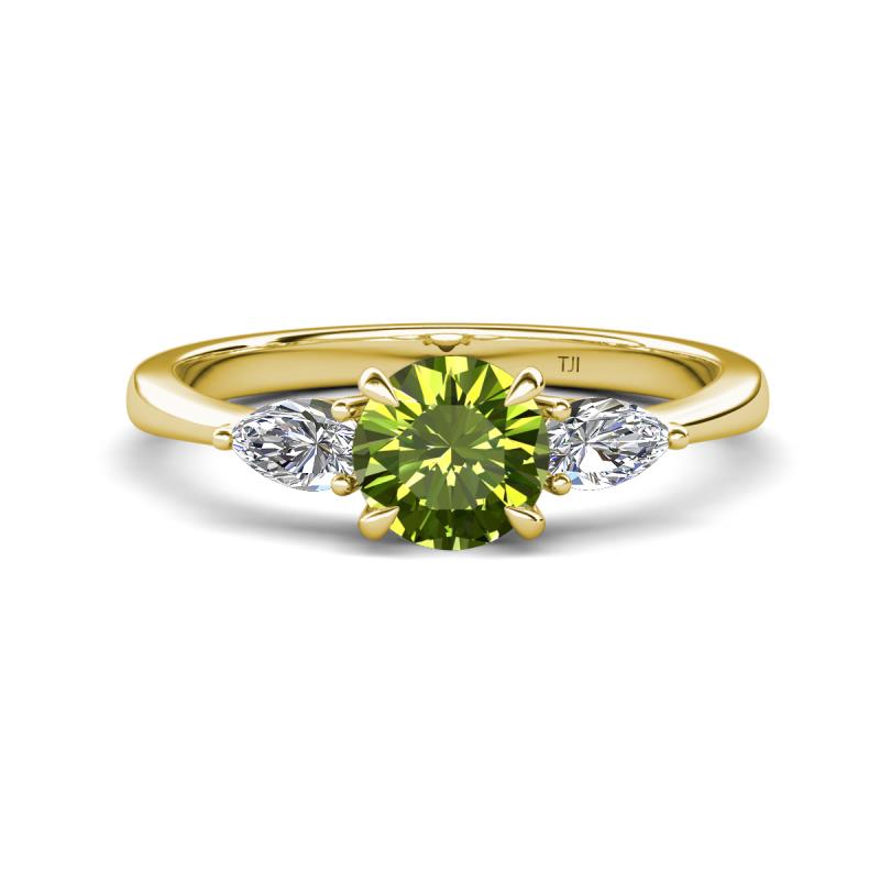 Zelia 1.44 ctw Peridot (6.50 mm) and Pear Shape Lab Grown Diamond Three Stone Engagement Ring 
