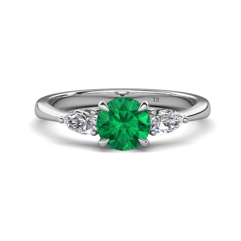 Zelia 1.14 ctw Emerald (6.00 mm) and Pear Shape Natural Lab Grown Diamond Three Stone Engagement Ring 