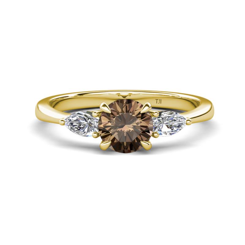Zelia 1.34 ctw Smoky Quartz (6.50 mm) and Pear Shape Lab Grown Diamond Three Stone Engagement Ring 
