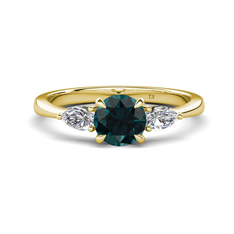 Zelia 1.29 ctw London Blue Topaz (6.50 mm) and Pear Shape Lab Grown Diamond Three Stone Engagement Ring 