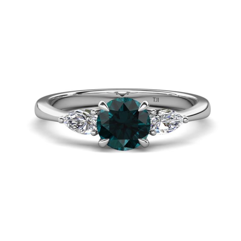Zelia 1.29 ctw London Blue Topaz (6.50 mm) and Pear Shape Lab Grown Diamond Three Stone Engagement Ring 