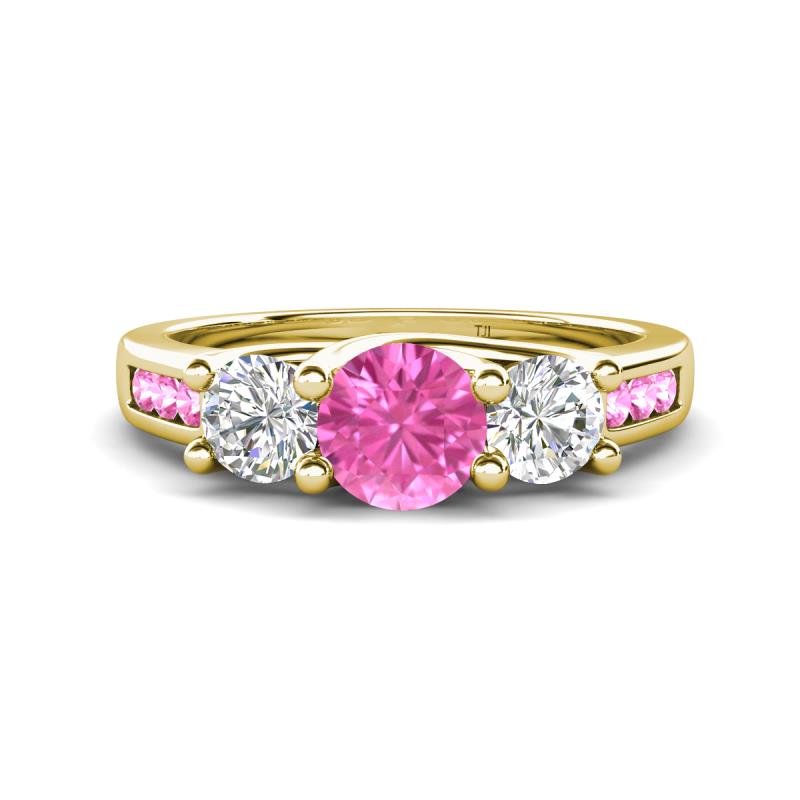 Jamille 1.18 ctw Pink Sapphire (5.00 mm) accented Side Lab Grown Diamond Three Stone Engagement Ring 