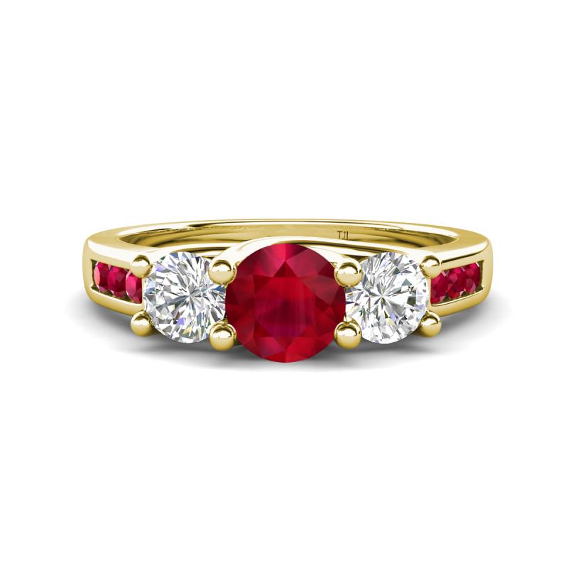 Jamille 1.20 ctw Ruby (5.00 mm) accented Side Lab Grown Diamond Three Stone Engagement Ring 