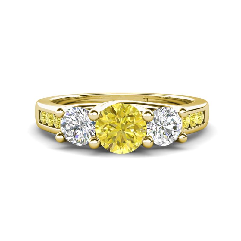 Jamille 1.18 ctw Yellow Diamond (5.00 mm) accented Side Lab Grown Diamond Three Stone Engagement Ring 