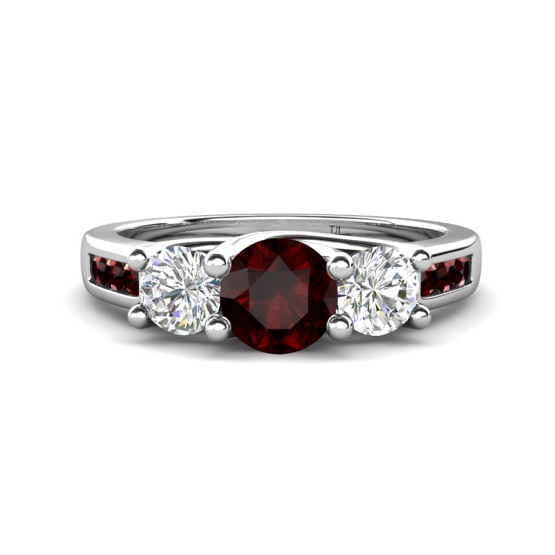 Jamille 1.29 ctw Red Garnet (5.00 mm) accented Side Lab Grown Diamond Three Stone Engagement Ring 