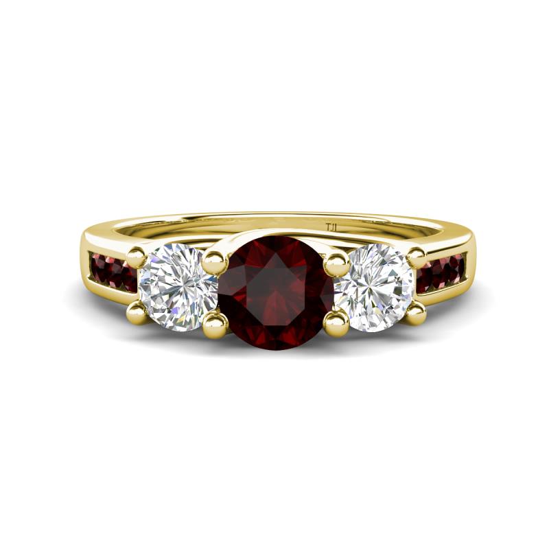 Jamille 1.29 ctw Red Garnet (5.00 mm) accented Side Lab Grown Diamond Three Stone Engagement Ring 