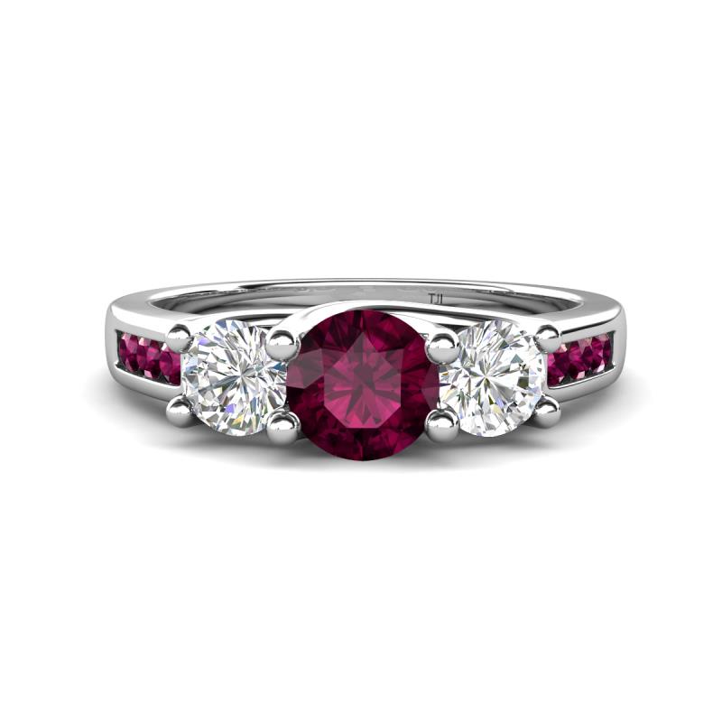 Jamille 1.16 ctw Rhodolite Garnet (5.00 mm) accented Side Lab Grown Diamond Three Stone Engagement Ring 