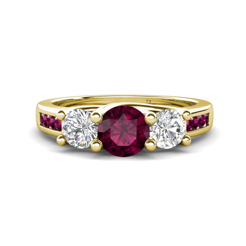 Jamille 1.16 ctw Rhodolite Garnet (5.00 mm) accented Side Lab Grown Diamond Three Stone Engagement Ring 