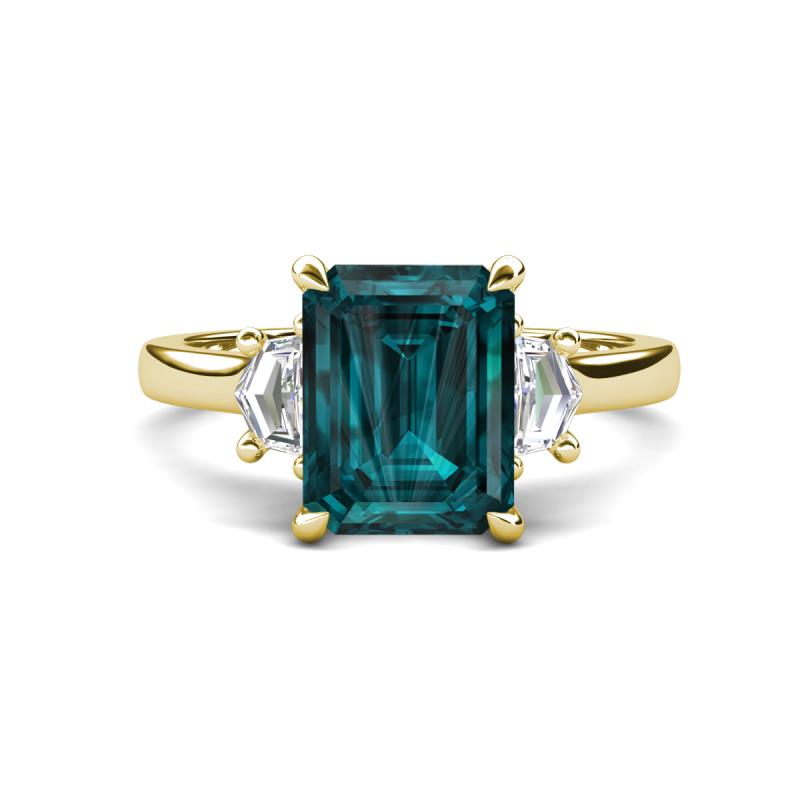 Chaya 3.40 ctw Emerald shape London Blue Topaz (9x7 mm) Accented Cadillac shape Lab Grown Diamonds Three Stone Women Engagement Ring 