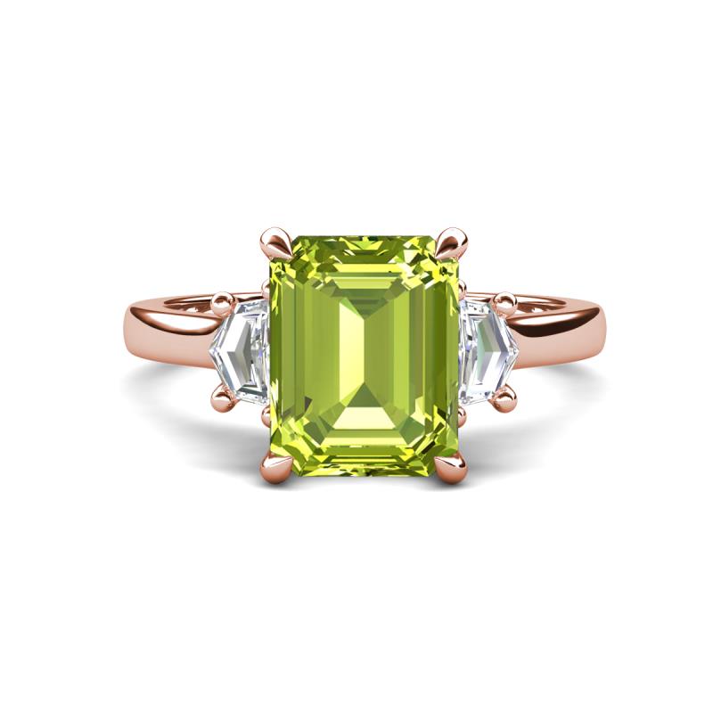 Chaya 2.85 ctw Emerald shape Peridot (9x7 mm) Accented Cadillac shape Lab Grown Diamonds Three Stone Women Engagement Ring 