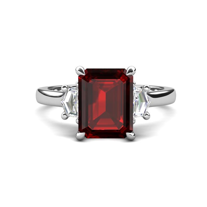 Chaya 3.40 ctw Emerald shape Red Garnet (9x7 mm) Accented Cadillac shape Lab Grown Diamonds Three Stone Women Engagement Ring 