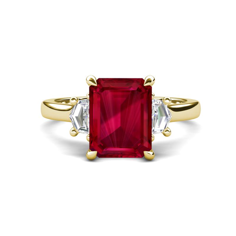 Chaya 2.30 ctw Emerald shape Ruby (9x7 mm) Accented Cadillac shape Lab Grown Diamonds Three Stone Women Engagement Ring 