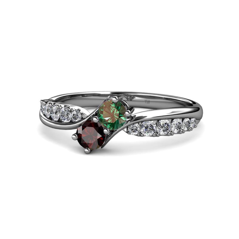 Nicia 0.97 ctw Red Garnet and Created Alexandrite (4.00 mm) with Side Diamonds Two Stone Bypass Ring 