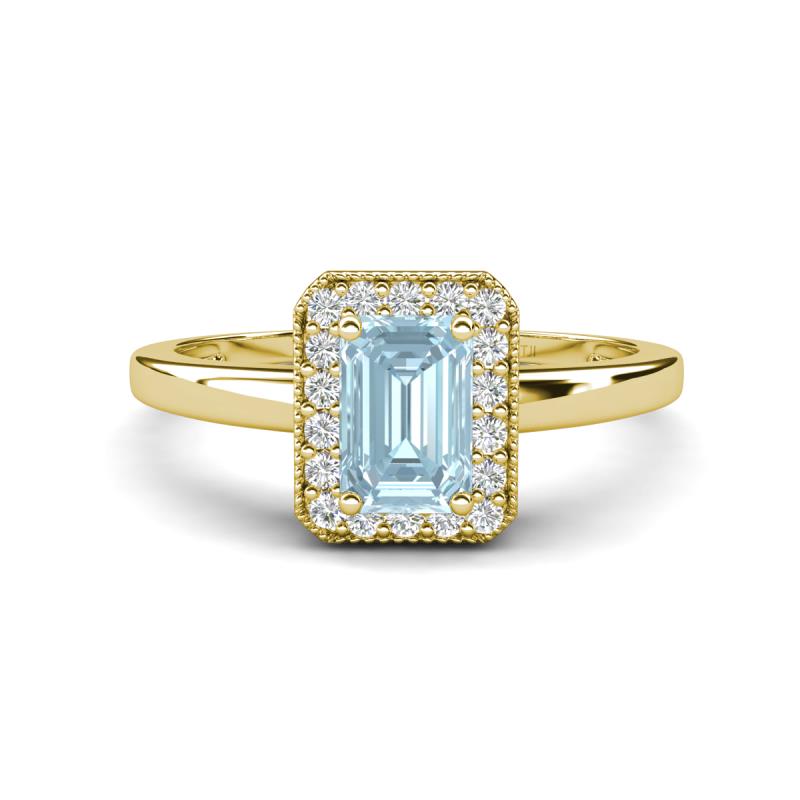 Karah 0.68 ctw Aquamarine Emerald Shape (6x4 mm) Accented Side Natural Diamond Halo Engagement Ring 