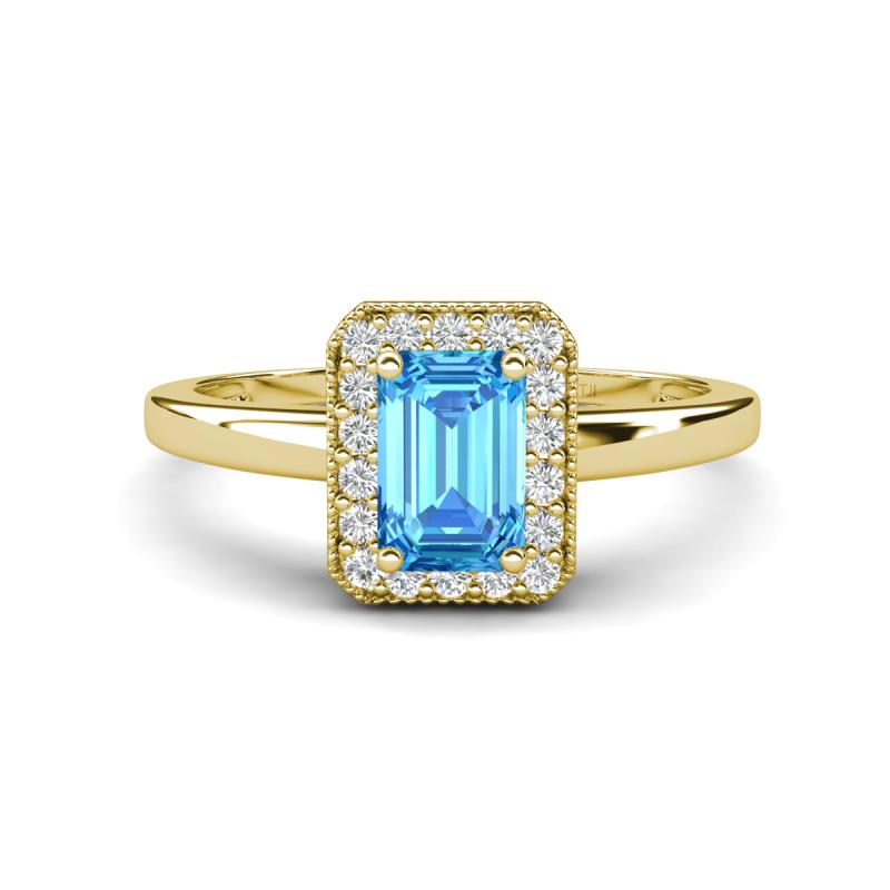 Karah 0.88 ctw Blue Topaz Emerald Shape (6x4 mm) Accented Side Natural Diamond Halo Engagement Ring 