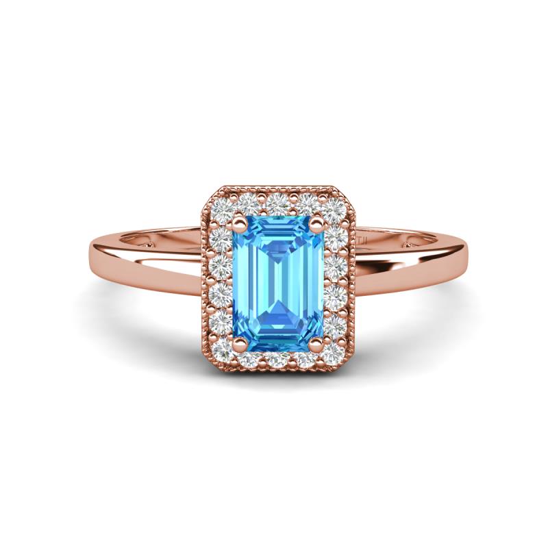 Karah 0.88 ctw Blue Topaz Emerald Shape (6x4 mm) Accented Side Natural Diamond Halo Engagement Ring 