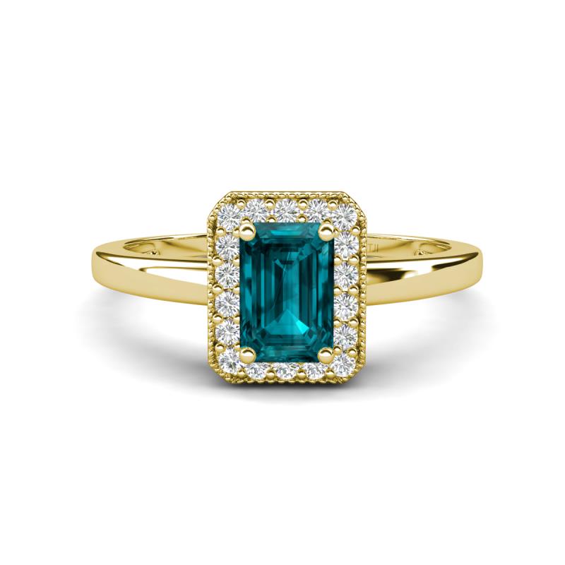 Karah 0.88 ctw London Blue Topaz Emerald Shape (6x4 mm) Accented Side Natural Diamond Halo Engagement Ring 