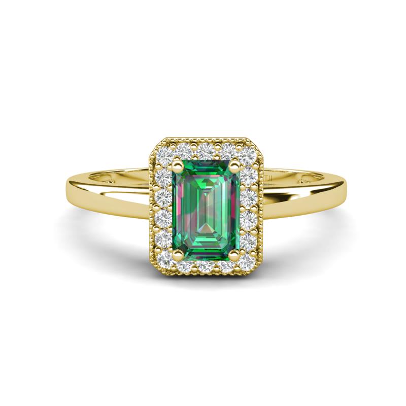 Karah 0.99 ctw Created Alexandrite Emerald Shape (6x4 mm) Accented Side Natural Diamond Halo Engagement Ring 