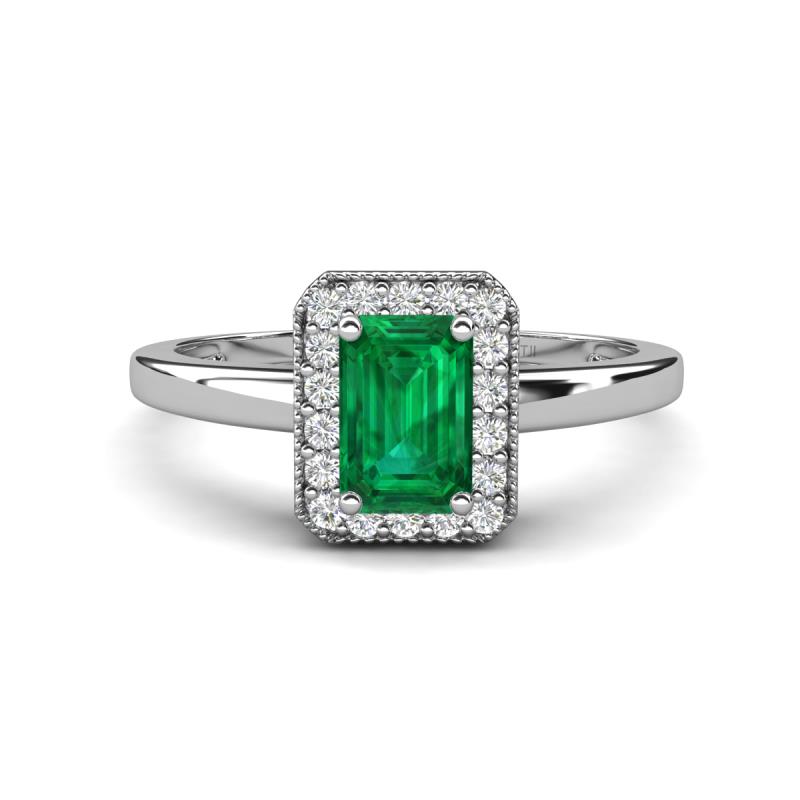 Karah 0.68 ctw Emerald Emerald Shape (6x4 mm) Accented Side Natural Diamond Halo Engagement Ring 