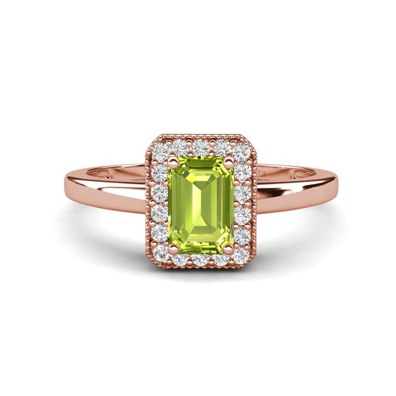 Karah 0.88 ctw Peridot Emerald Shape (6x4 mm) Accented Side Natural Diamond Halo Engagement Ring 