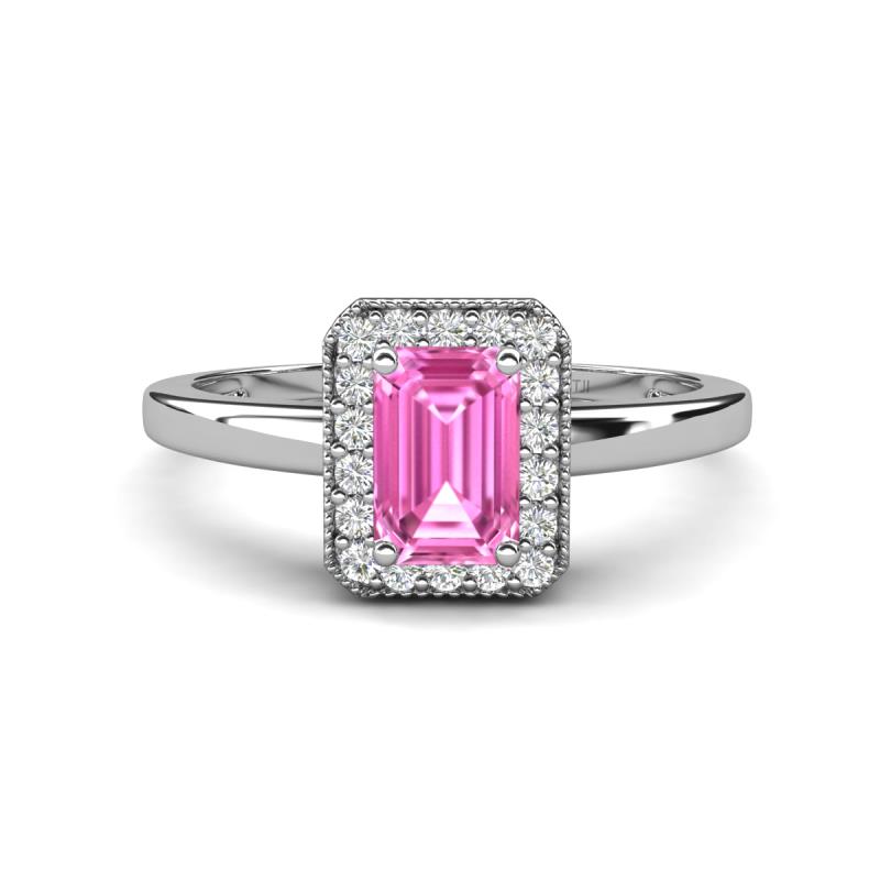 Karah 0.78 ctw Pink Sapphire Emerald Shape (6x4 mm) Accented Side Natural Diamond Halo Engagement Ring 