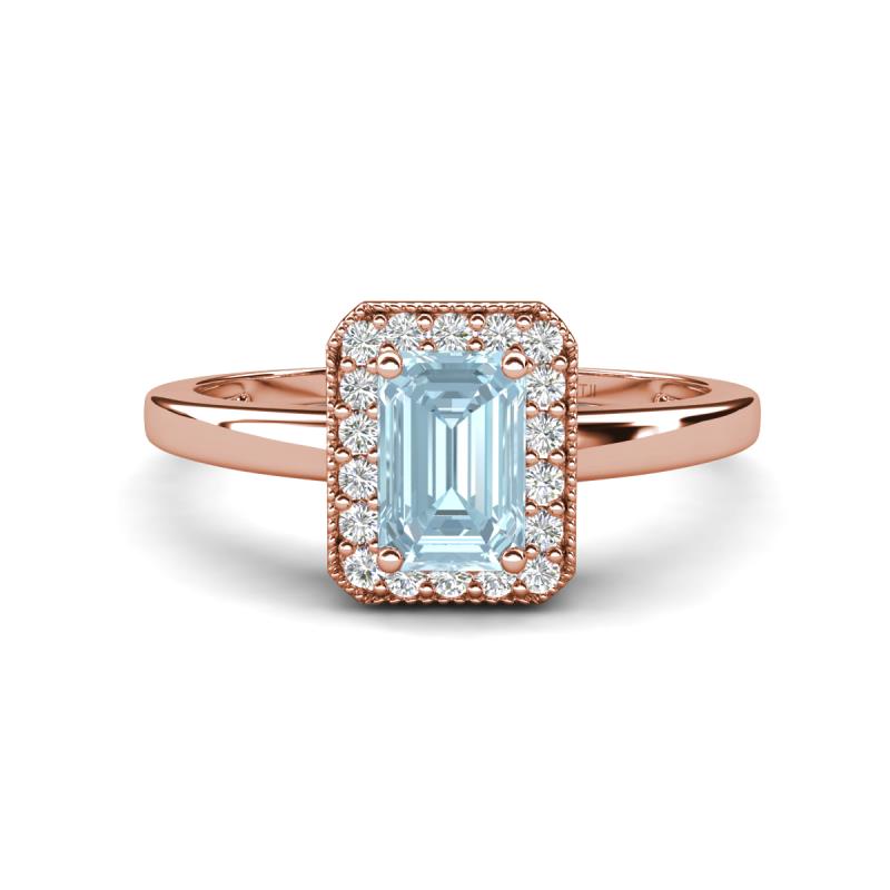 Karah 0.68 ctw Aquamarine Emerald Shape (6x4 mm) Accented Side Natural Diamond Halo Engagement Ring 