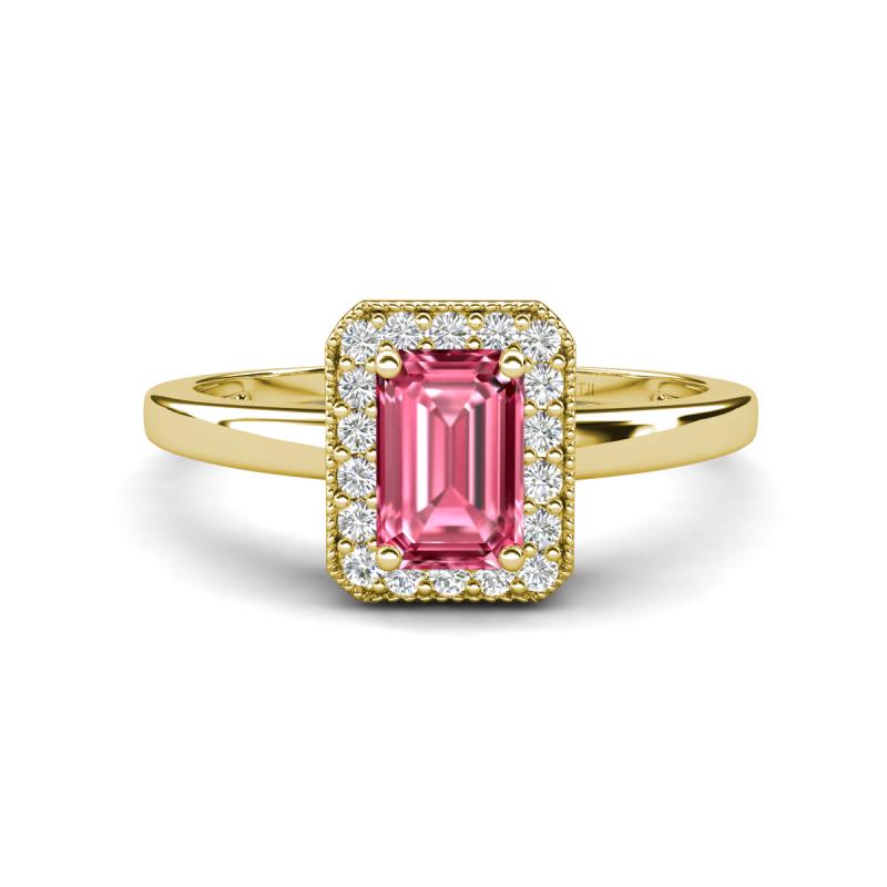 Karah 0.78 ctw Pink Tourmaline Emerald Shape (6x4 mm) Accented Side Natural Diamond Halo Engagement Ring 