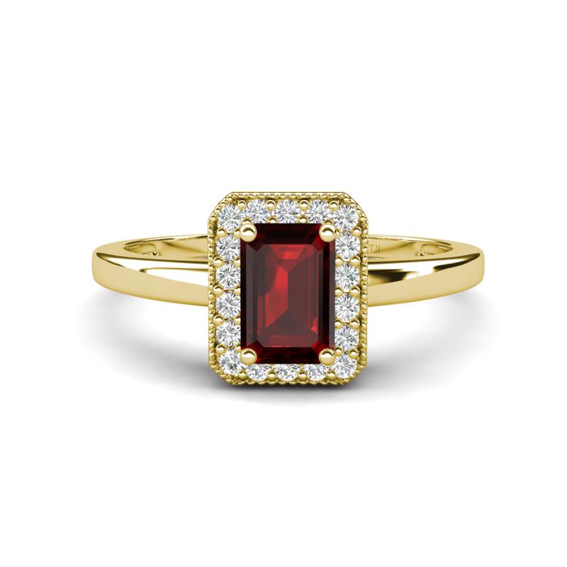 Karah 0.96 ctw Red Garnet Emerald Shape (6x4 mm) Accented Side Natural Diamond Halo Engagement Ring 