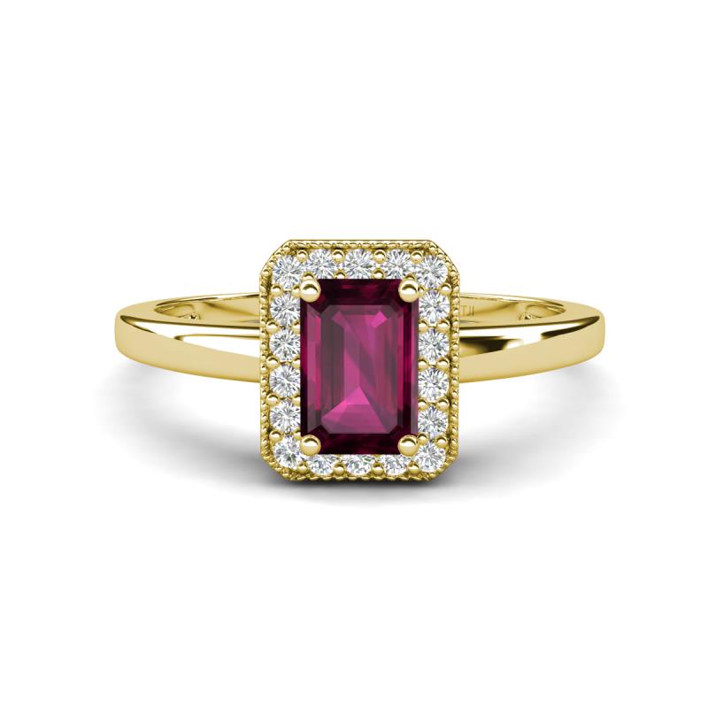 Karah 0.93 ctw Rhodolite Garnet Emerald Shape (6x4 mm) Accented Side Natural Diamond Halo Engagement Ring 