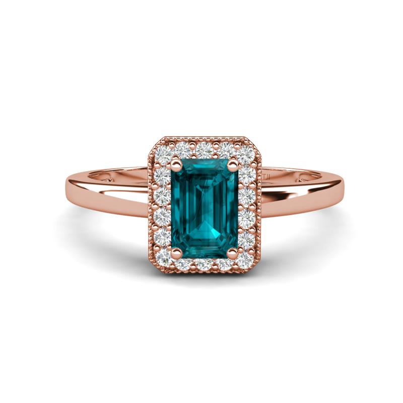 Karah 0.88 ctw London Blue Topaz Emerald Shape (6x4 mm) Accented Side Natural Diamond Halo Engagement Ring 