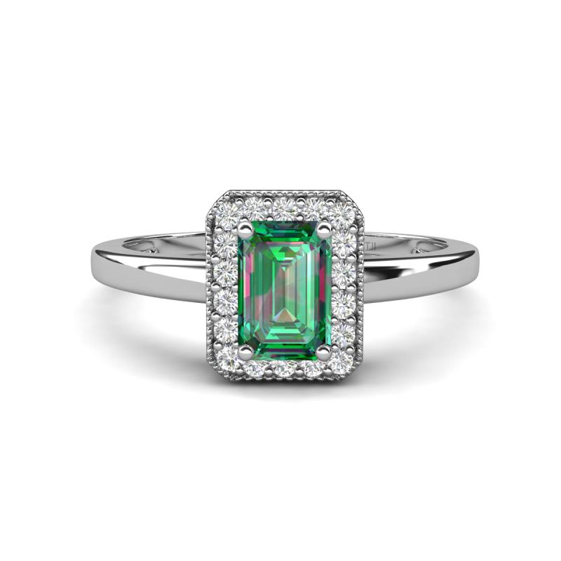 Karah 0.99 ctw Created Alexandrite Emerald Shape (6x4 mm) Accented Side Natural Diamond Halo Engagement Ring 