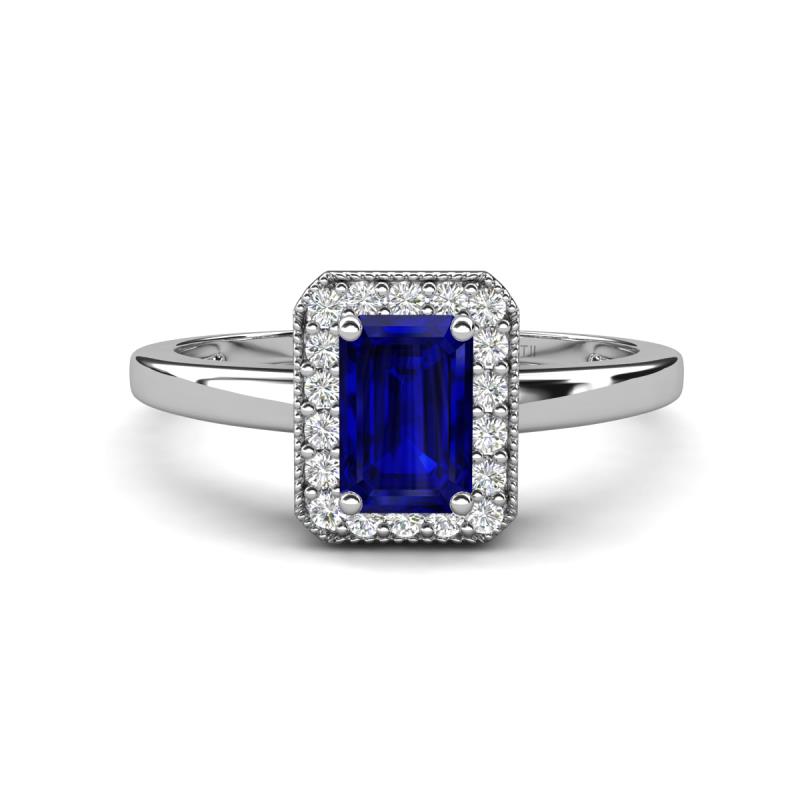 Karah 0.88 ctw Blue Sapphire Emerald Shape (6x4 mm) Accented Side Natural Diamond Halo Engagement Ring 