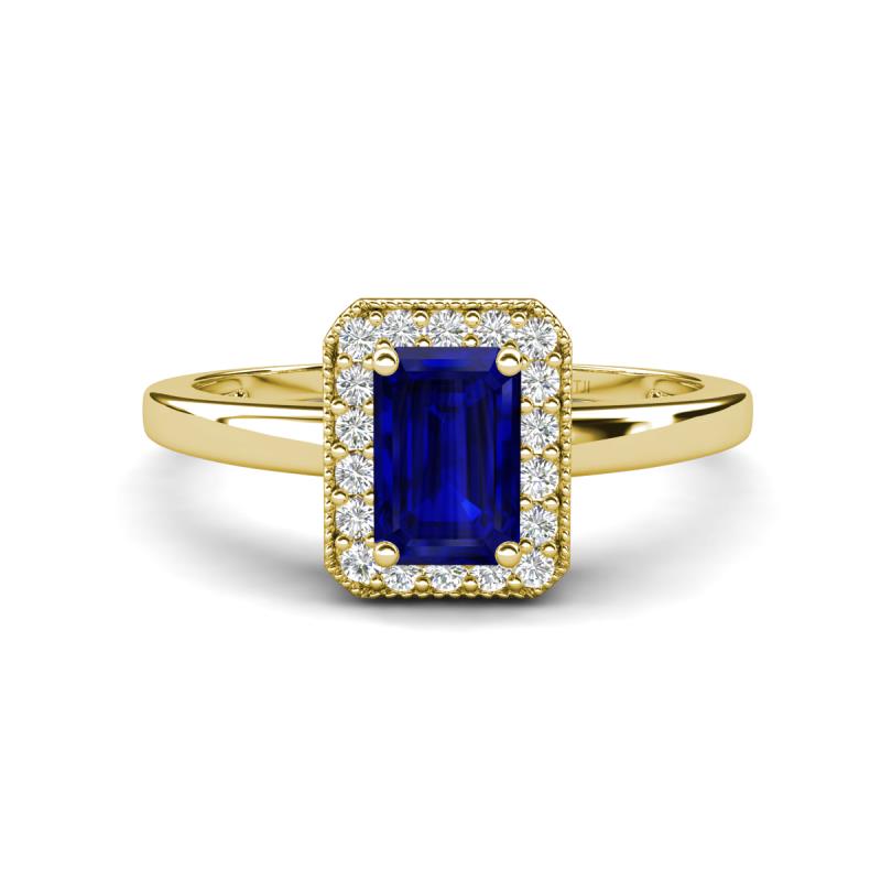 Karah 0.88 ctw Blue Sapphire Emerald Shape (6x4 mm) Accented Side Natural Diamond Halo Engagement Ring 