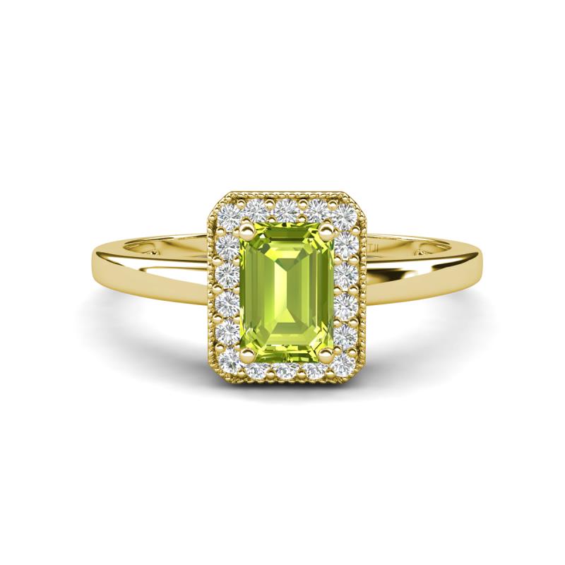 Karah 0.88 ctw Peridot Emerald Shape (6x4 mm) Accented Side Natural Diamond Halo Engagement Ring 