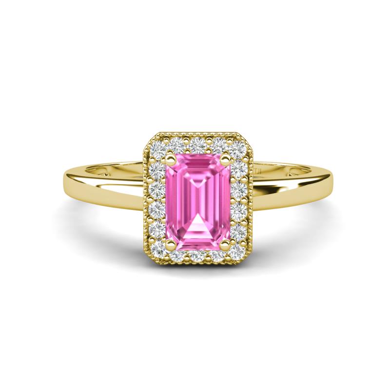 Karah 0.78 ctw Pink Sapphire Emerald Shape (6x4 mm) Accented Side Natural Diamond Halo Engagement Ring 