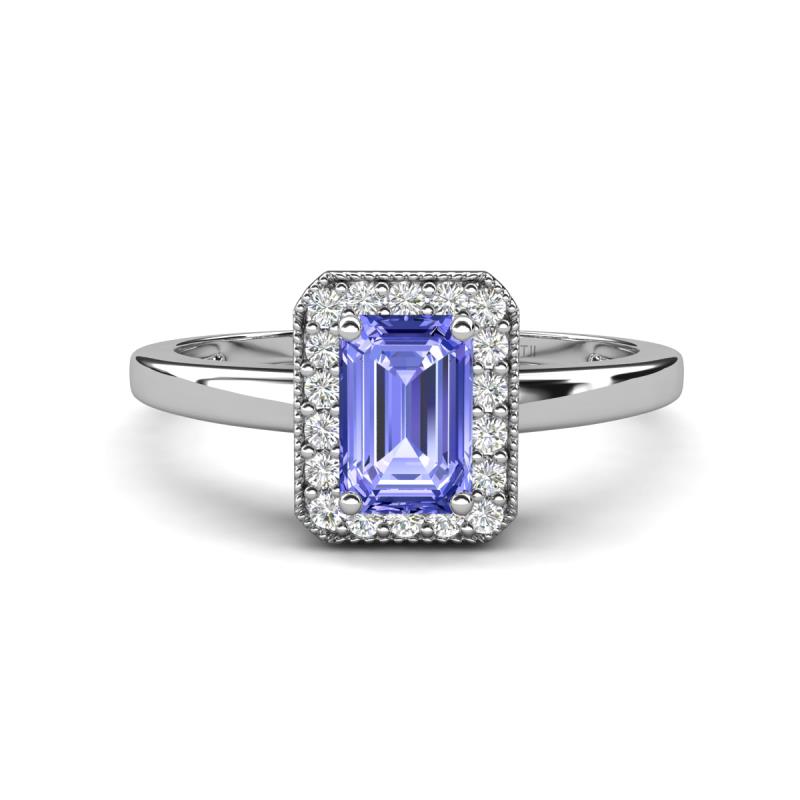 Karah 0.78 ctw Tanzanite Emerald Shape (6x4 mm) Accented Side Natural Diamond Halo Engagement Ring 