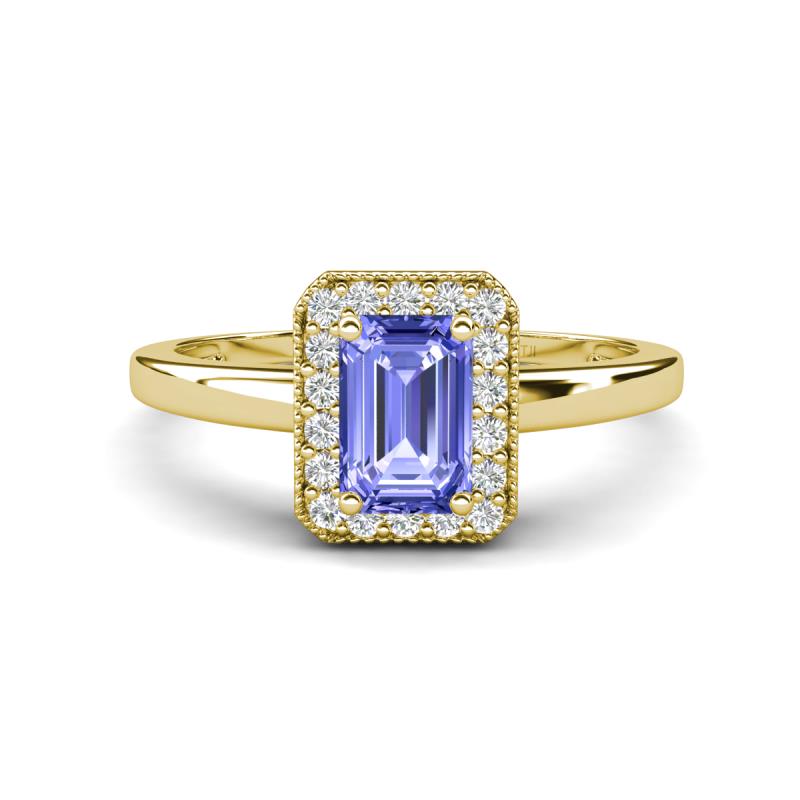 Karah 0.78 ctw Tanzanite Emerald Shape (6x4 mm) Accented Side Natural Diamond Halo Engagement Ring 