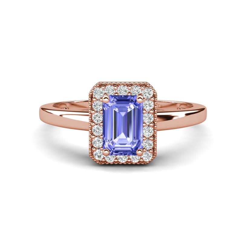 Karah 0.78 ctw Tanzanite Emerald Shape (6x4 mm) Accented Side Natural Diamond Halo Engagement Ring 