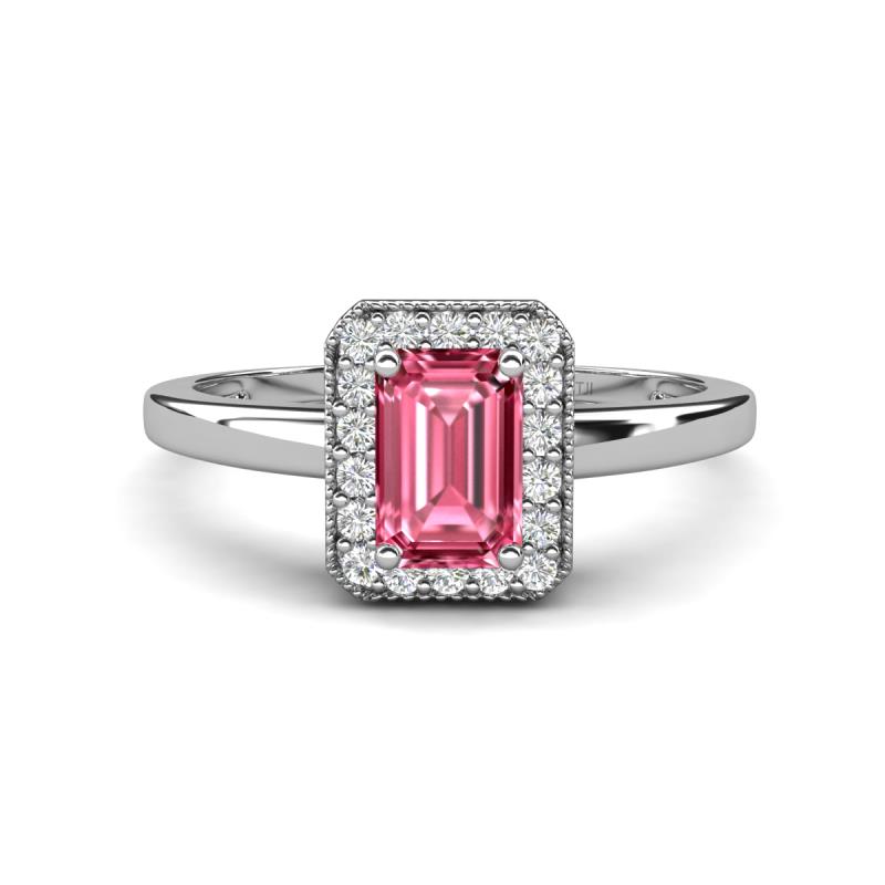 Karah 0.78 ctw Pink Tourmaline Emerald Shape (6x4 mm) Accented Side Natural Diamond Halo Engagement Ring 