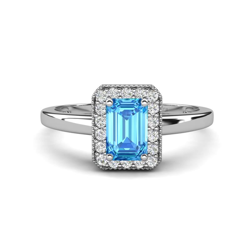 Karah 0.88 ctw Blue Topaz Emerald Shape (6x4 mm) Accented Side Natural Diamond Halo Engagement Ring 