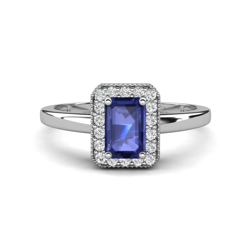 Karah 0.73 ctw Iolite Emerald Shape (6x4 mm) Accented Side Natural Diamond Halo Engagement Ring 