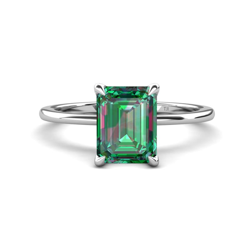 Morgan 3.11 ctw Center Created Alexandrite Emerald Shape with Prong Studded Natural Diamond Solitaire Plus Engagement Ring 