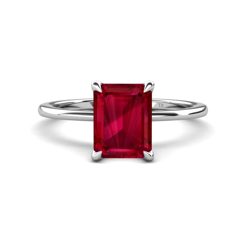 Morgan 2.85 ctw Center Created Ruby Emerald Shape with Prong Studded Natural Diamond Solitaire Plus Engagement Ring 