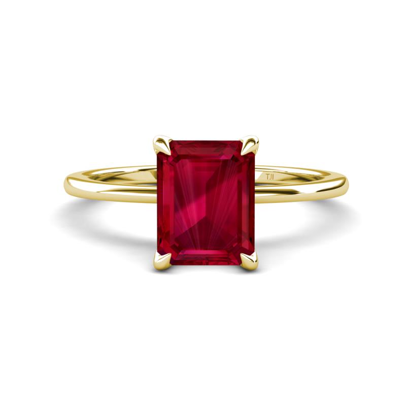 Morgan 2.85 ctw Center Created Ruby Emerald Shape with Prong Studded Natural Diamond Solitaire Plus Engagement Ring 