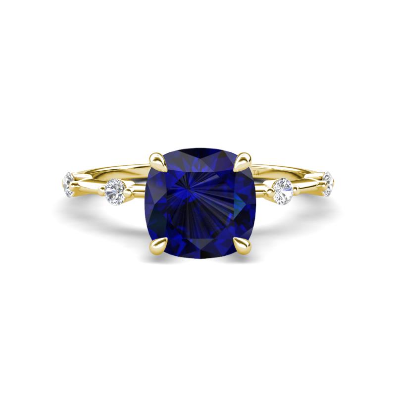 Nuria 2.11 ctw Cushion Shape Created Blue Sapphire (7.00 mm) accented Natural Diamonds Engagement Ring 