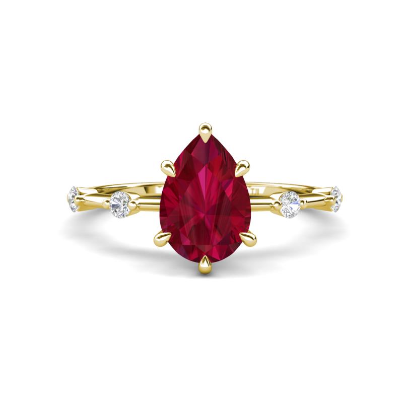 Nuria 1.74 ctw Pear Shape Created Ruby  (9X6 mm) accented Natural Diamonds Engagement Ring 