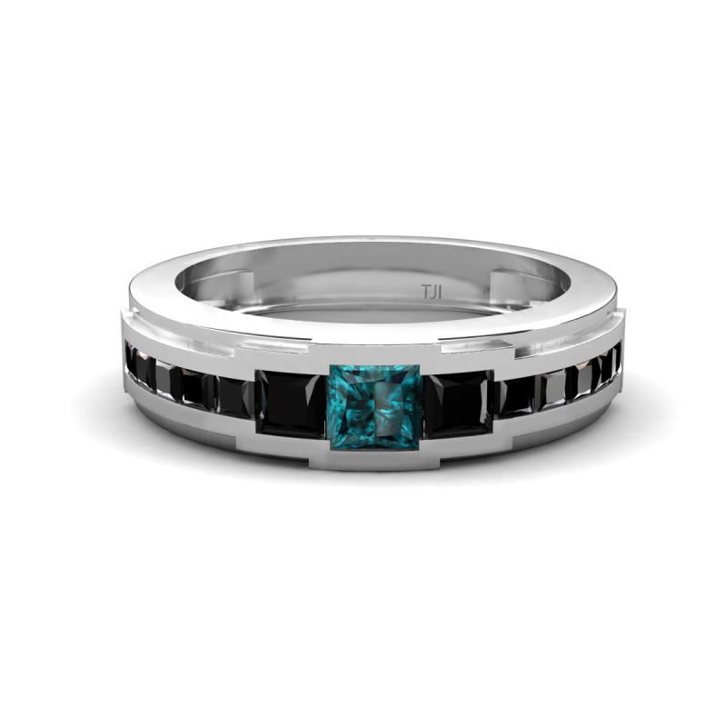 Jayden 1.37 ctw Princess shape London Blue Topaz accented Black Diamonds Men Wedding Band (5.20 mm) 