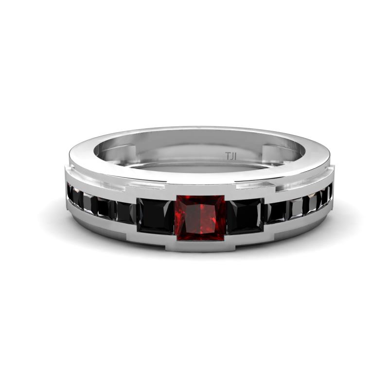 Jayden 1.40 ctw Princess shape Red Garnet accented Black Diamonds Men Wedding Band (5.20 mm) 