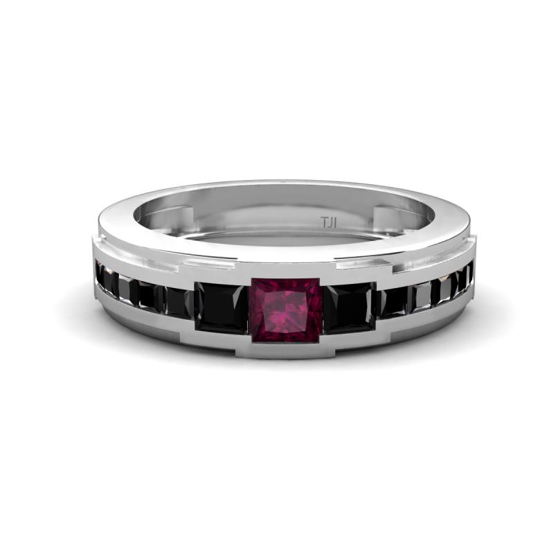 Jayden 1.40 ctw Princess shape Rhodolite Garnet accented Black Diamonds Men Wedding Band (5.20 mm) 