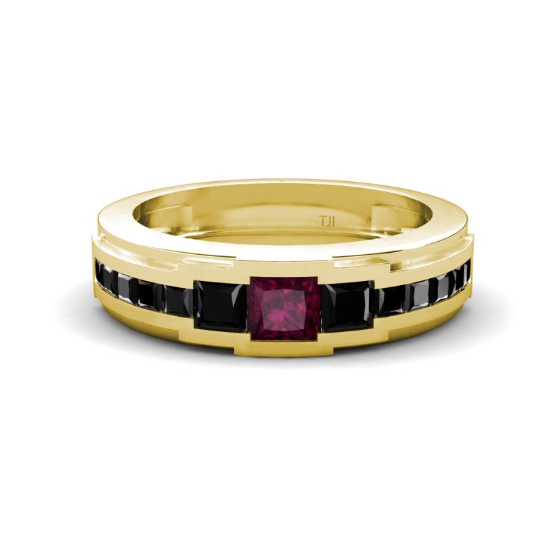 Jayden 1.40 ctw Princess shape Rhodolite Garnet accented Black Diamonds Men Wedding Band (5.20 mm) 